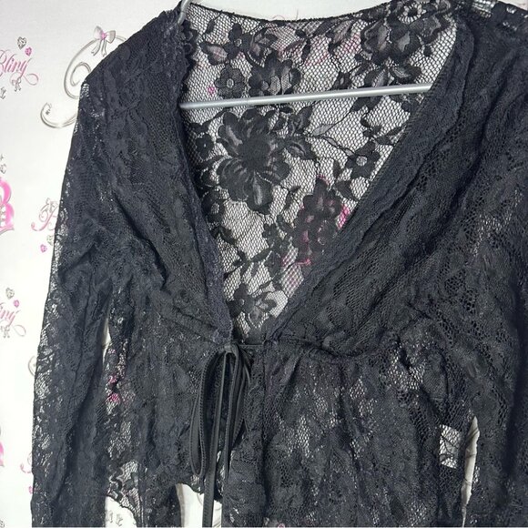 Cardigan lace top ribbon tie up black floral sexy stretchy - Picture 2 of 5